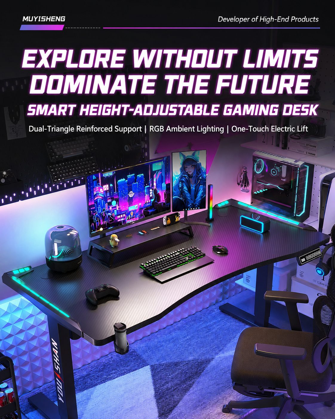 Electric Standing Desk with RGB Lighting -Black/White