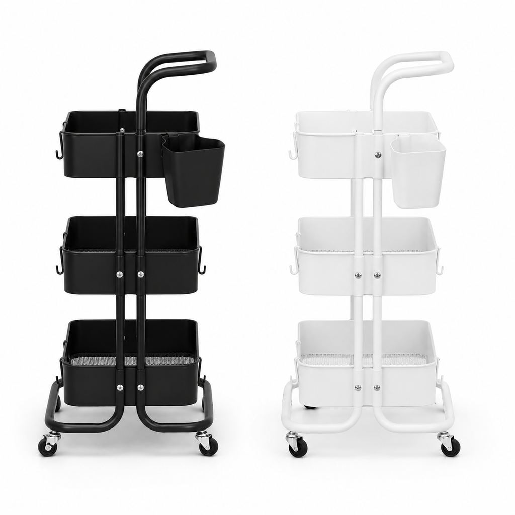3-Tier Rolling Storage Trolley- Black and White
